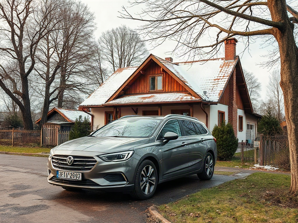 На переднем плане серый автомобиль у деревянного дома с крышей, покрытой снегом, зимой.